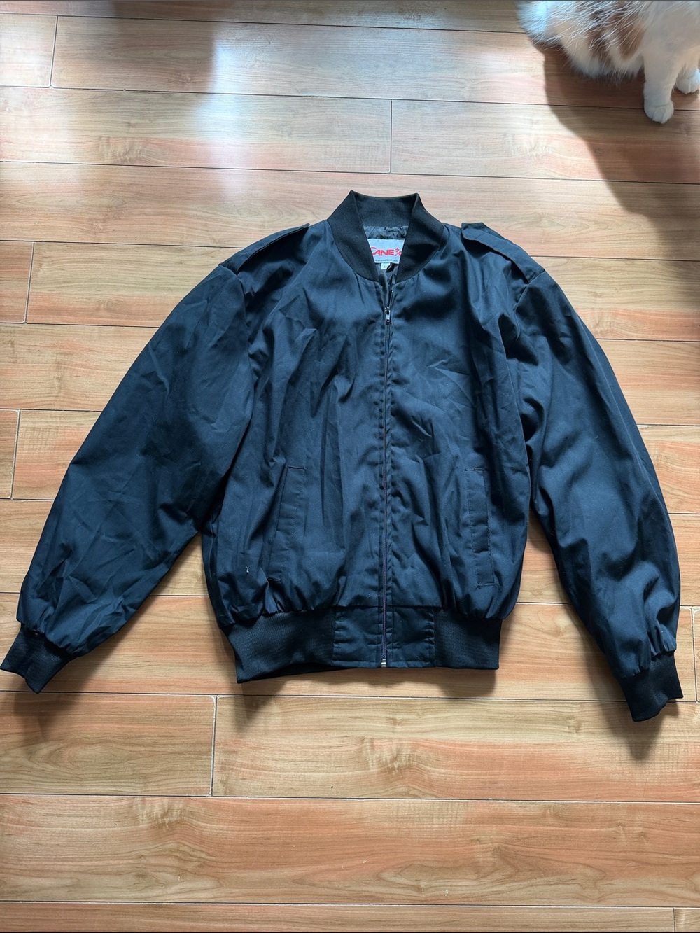Men's Black Bomber Jacket with Ribbed Hem and Epaulet Details